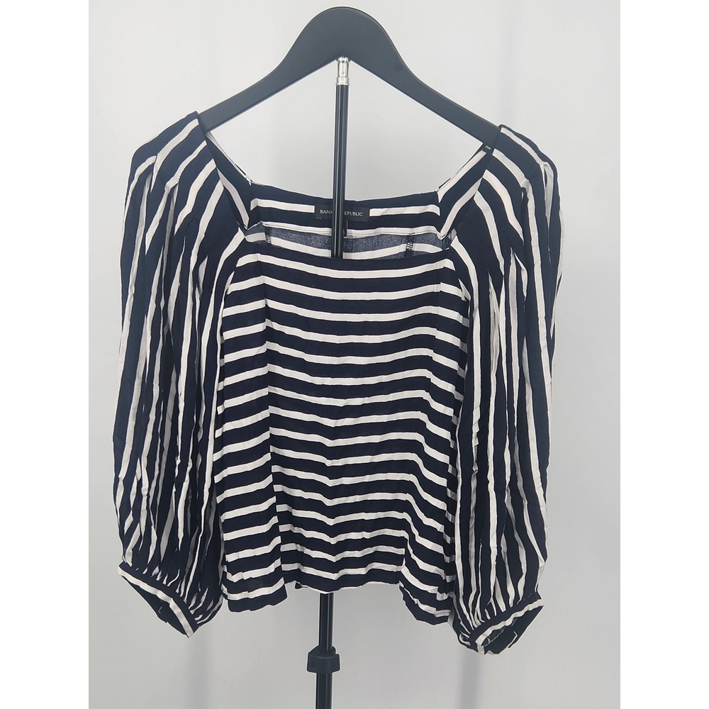 Banana Republic Womens Navy White Striped Square Neck Puff Sleeve Blouse Small
